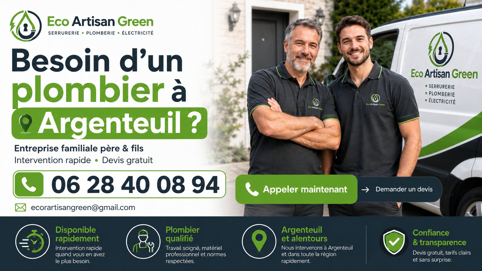 Besoin d'un plombier à Argenteuil ? Eco Artisan Green — Entreprise familiale père et fils — 06 28 40 08 94
