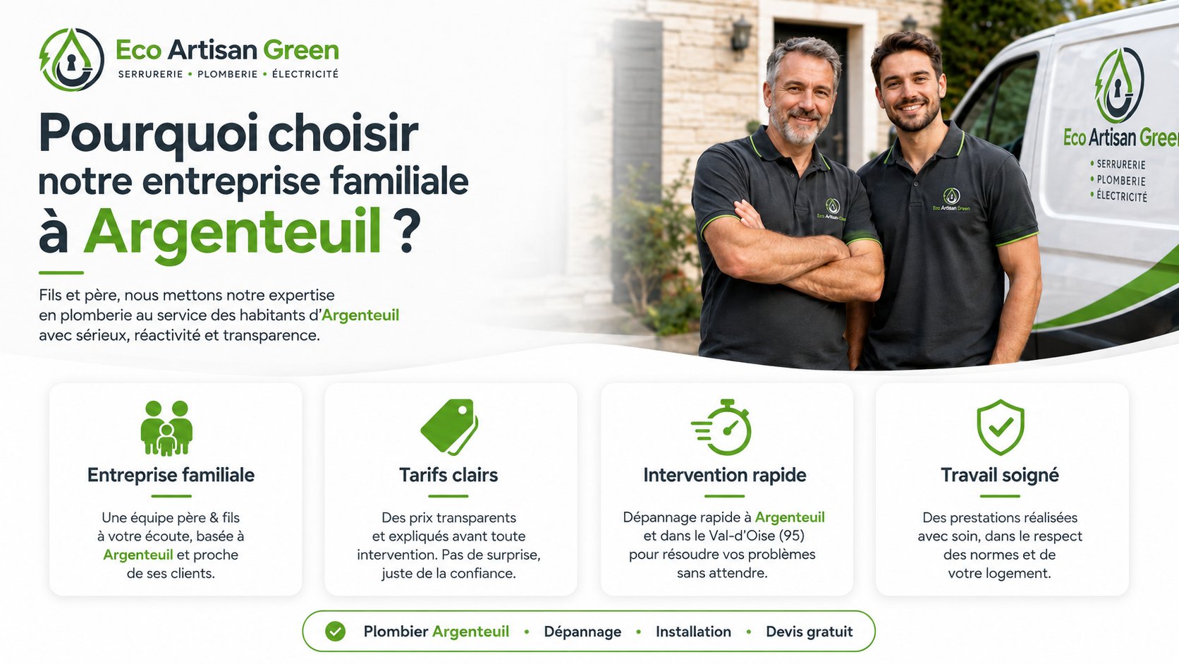 Pourquoi choisir Eco Artisan Green à Argenteuil — Entreprise familiale père et fils — Plomberie Serrurerie Electricité